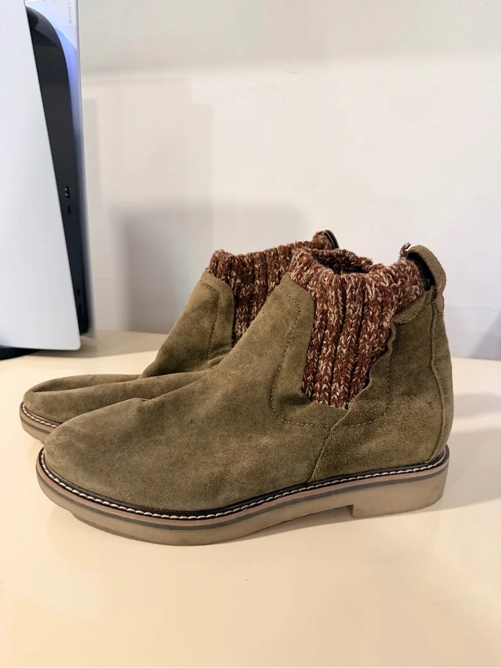 Comfortiva Olive Suede Ankle Bootie with Knit Cuff